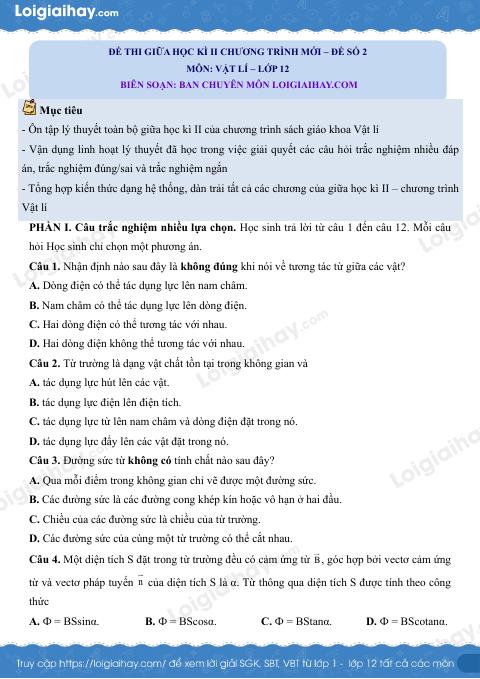 Đề thi giữa học kì 2 Vật lí 12 Chân trời sáng tạo - Đề số 2